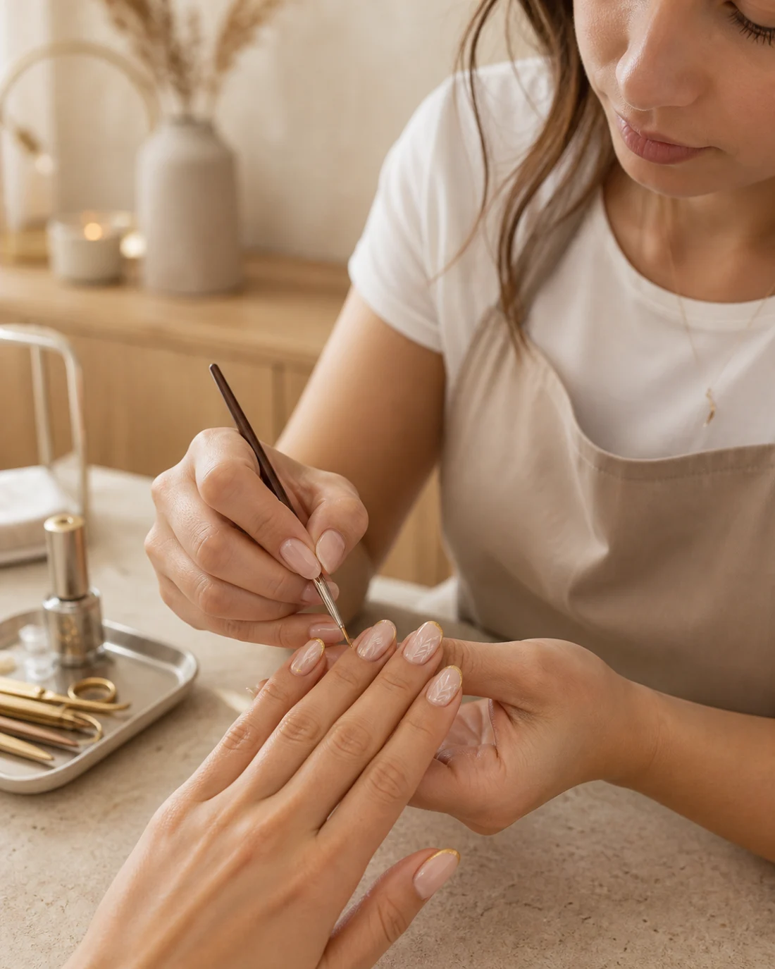 A Lume nail artist hand-painting a delicate gold design
